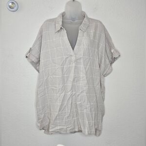 Tahari Beige Cream Windowpane Short-Sleeve Collared V-Neck Shirt Linen Blend Top